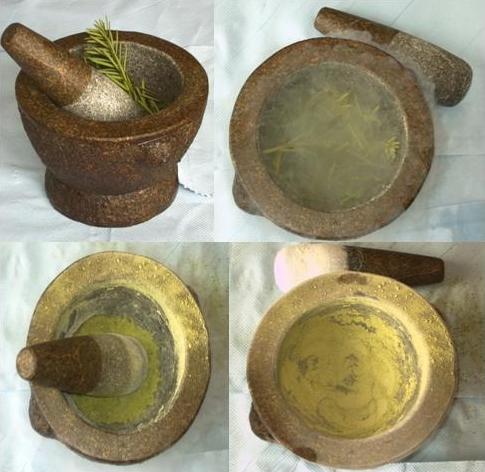 A photo featuring four separate pictures of a mortar & pestle. Each stage of the process to grind down an object is shown. The object is whole at first but by the fourth picture it has been ground down to dust.