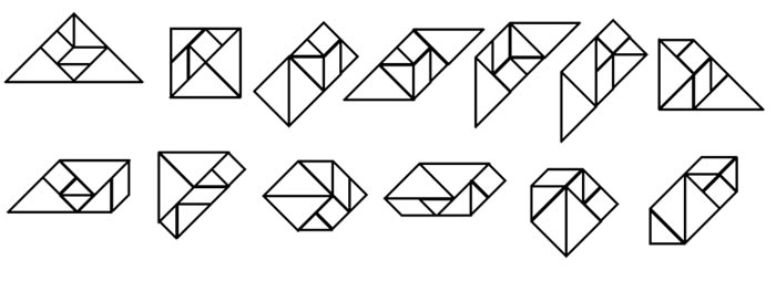 This picture shows the 13 possible convex shapes that can be made from a tangram puzzle.