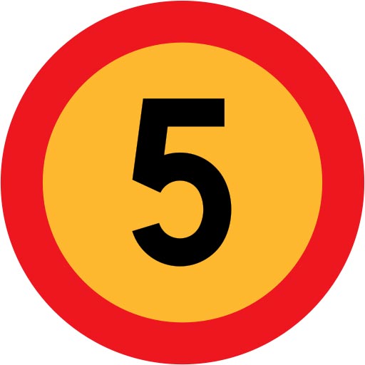 This picture shows a road sign with the number 5 written boldly in black in the center of the circle.