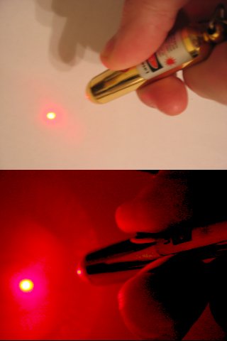 This photo shows a laser pointer in action in two different lighting conditions. The lighting in the top image is much brighter than in the bottom image but the laser pointer is effective in both.