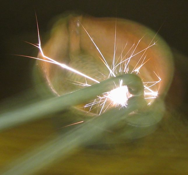 A close up photo showing the bright light produced by a flint lighter spark.