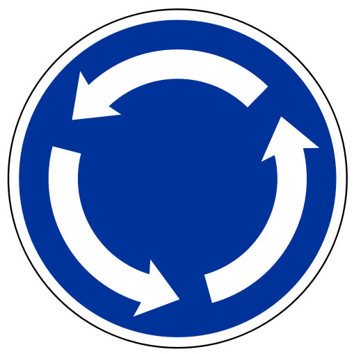 This rotation symbol can be used to mean a number of different things. It could represent recycling, a round about traffic sign or the circulation process of water. It is blue and features three large white arrows.
