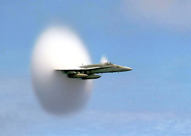 This amazing photo shows a plane breaking the sound barrier. The pictured F/A-18 Hornet is partially hidden as it breaks through the sound barrier into supersonic speed.