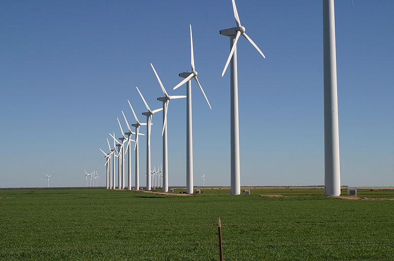 Taken on a beautifully sunny day, this photo shows a large wind farm near Texas, USA. Strong winds in the area help spin the blades which create electricity in an environmentally friendly manner.