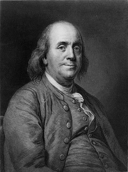This is a black and white image of Benjamin Franklin, one of the founding fathers of the United States of America and a leading scientist who made discoveries related to electricity.