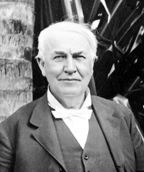 This is a black and white photo of a famous American inventor named Thomas Edison. His many inventions included the practical electric light bulb and phonograph (a device used to play recorded sound).