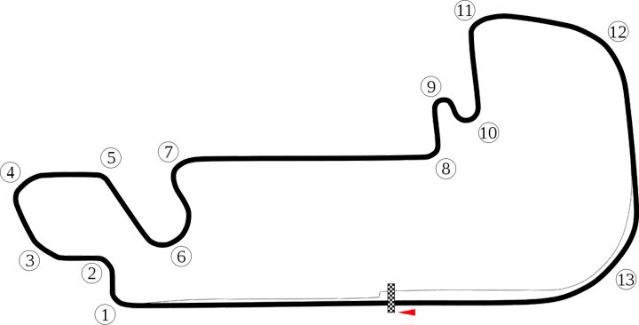 This diagram shows the layout of the Indianapolis Motor Speedway road course, used for events such as Formula One races. The less technical speedway oval is used for events such as the Brickyard 400 and the Indianapolis 500.