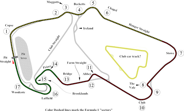 This Silverstone circuit diagram labels all the different corners and sections of this famous motor racing track found in England.