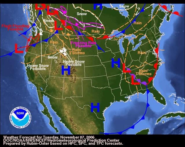 This image shows the weather forecast for the United States of America on Tuesday the 7th of November, 2006. It shows high and low pressure zones as well as areas that could be affected snow, rain, storms and floods.